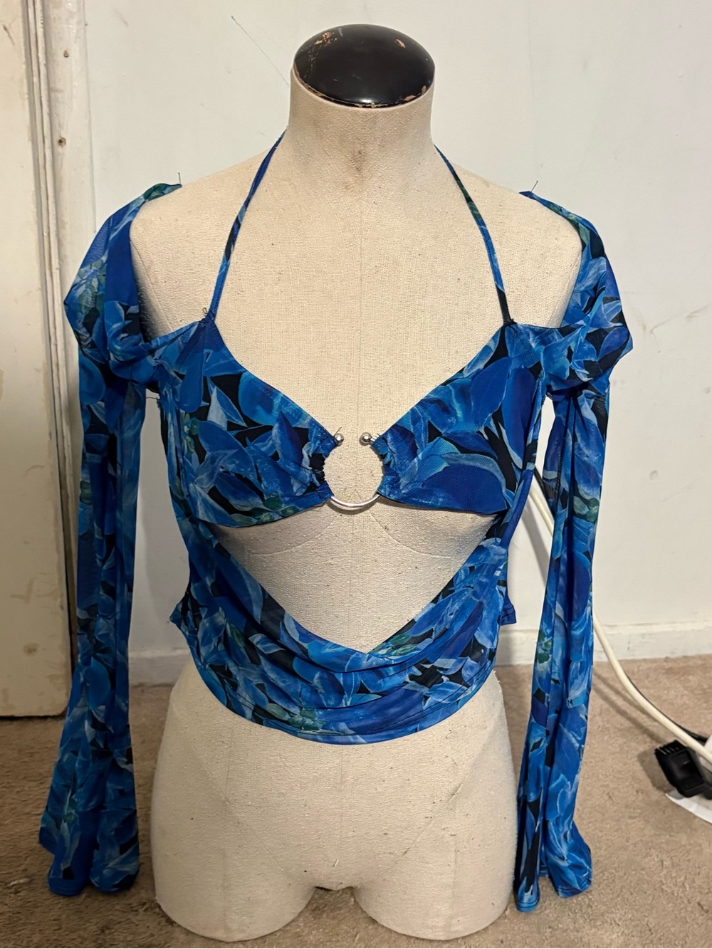 Outcast Blue Floral Print  Ring-Front Cutout Halter Long Sleeve Blouse